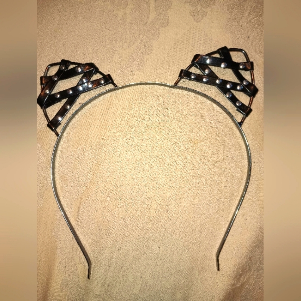 Cute cat ears leather and steel headband gothic